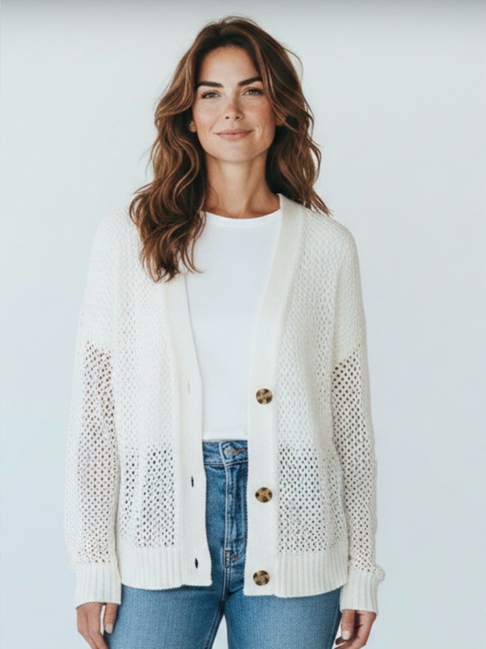 GAP Cream Crochet Knit Cardigan Brown Buttons Size Small New